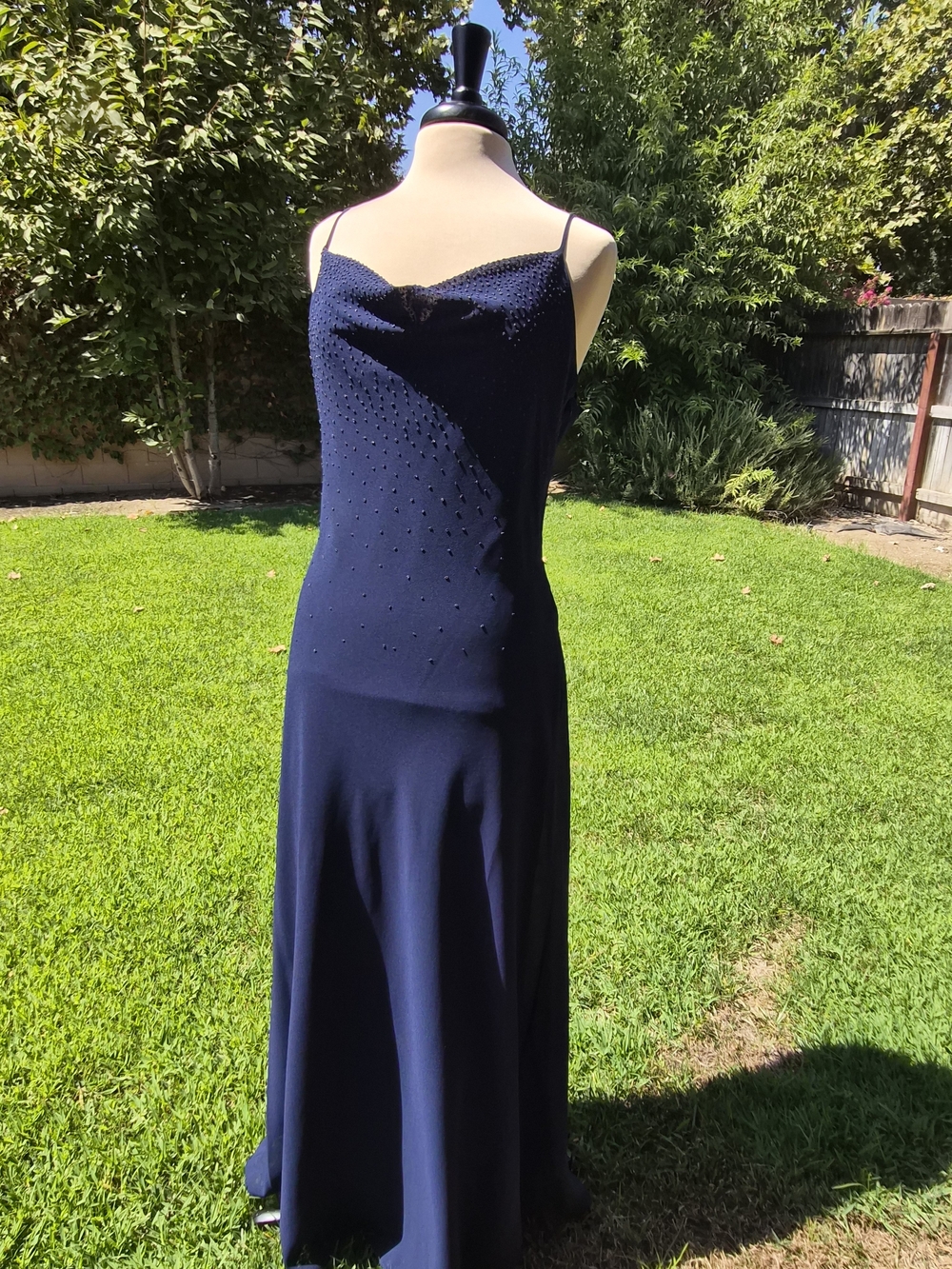 VTG 90s Y2K Dollar Navy Blue Beaded Cowl Neck Formal Gown Prom Maxi Dress M 0513